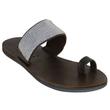 Load image into Gallery viewer, A single Silver Sandal from Global Girls with a wide silver beaded strap across the top and a smaller toe loop at the front. These versatile sandals feature a flat sole and a minimalist design, offering both comfort and a bohemian look.