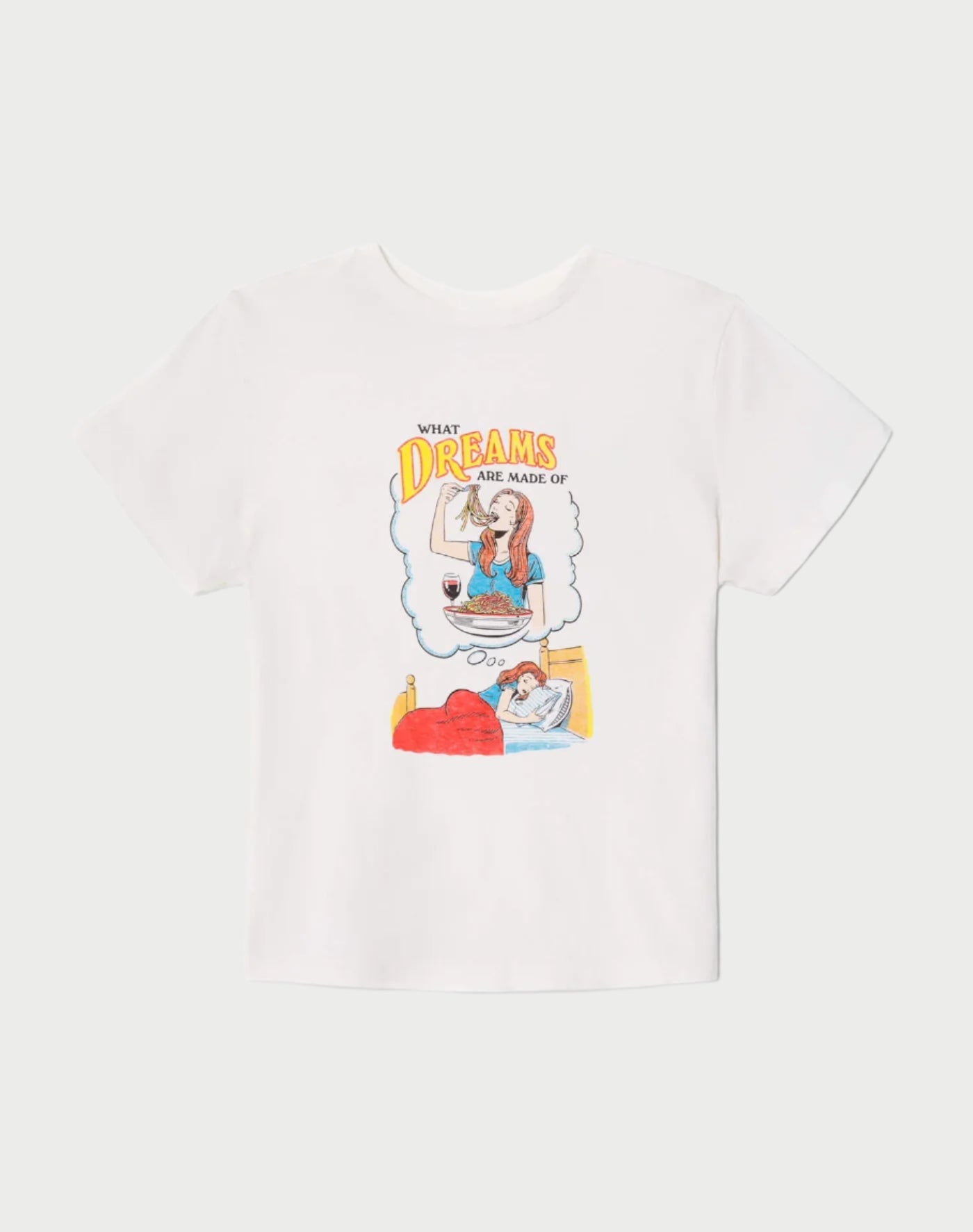 The Dreams Classic Tee by RE/DONE is a vintage-inspired graphic shirt featuring "What Dreams Are Made Of," showing someone in a bathtub with wine and a pet. It's perfect for those who love lounging in style.