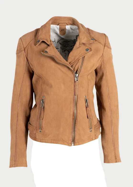 The Nubuck Jacket by Mauritius, made from tan-colored nubuck leather, is showcased from the front and back. The front view reveals an asymmetrical zip closure, zipped side pockets, and shoulder lapels. The back features a paneled design with adjustable waist tabs. The inner lining is adorned with a floral pattern.