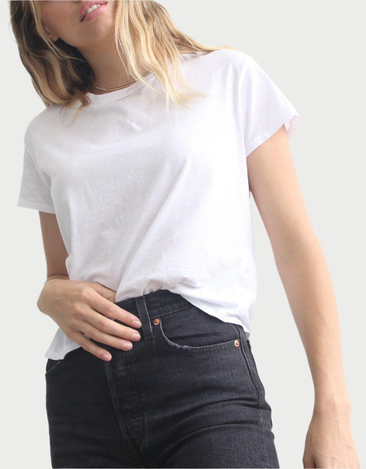 A person with long, wavy hair and wearing a perfectwhitetee Harley Boxy Crew in Multiple Colors with dark jeans stands against a plain white background. They have a relaxed, casual posture and gaze slightly off to the side. The image captures a simple, minimalistic style perfect for layering pieces or showcasing favorite cuts.