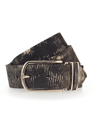 A black leather belt with a textured pattern, featuring gold accents and a silver buckle. The B.Belt Cuno Gold Belt is coiled loosely with the buckle and tip clearly visible, showcasing a rugged, streaked design that exudes luxury.