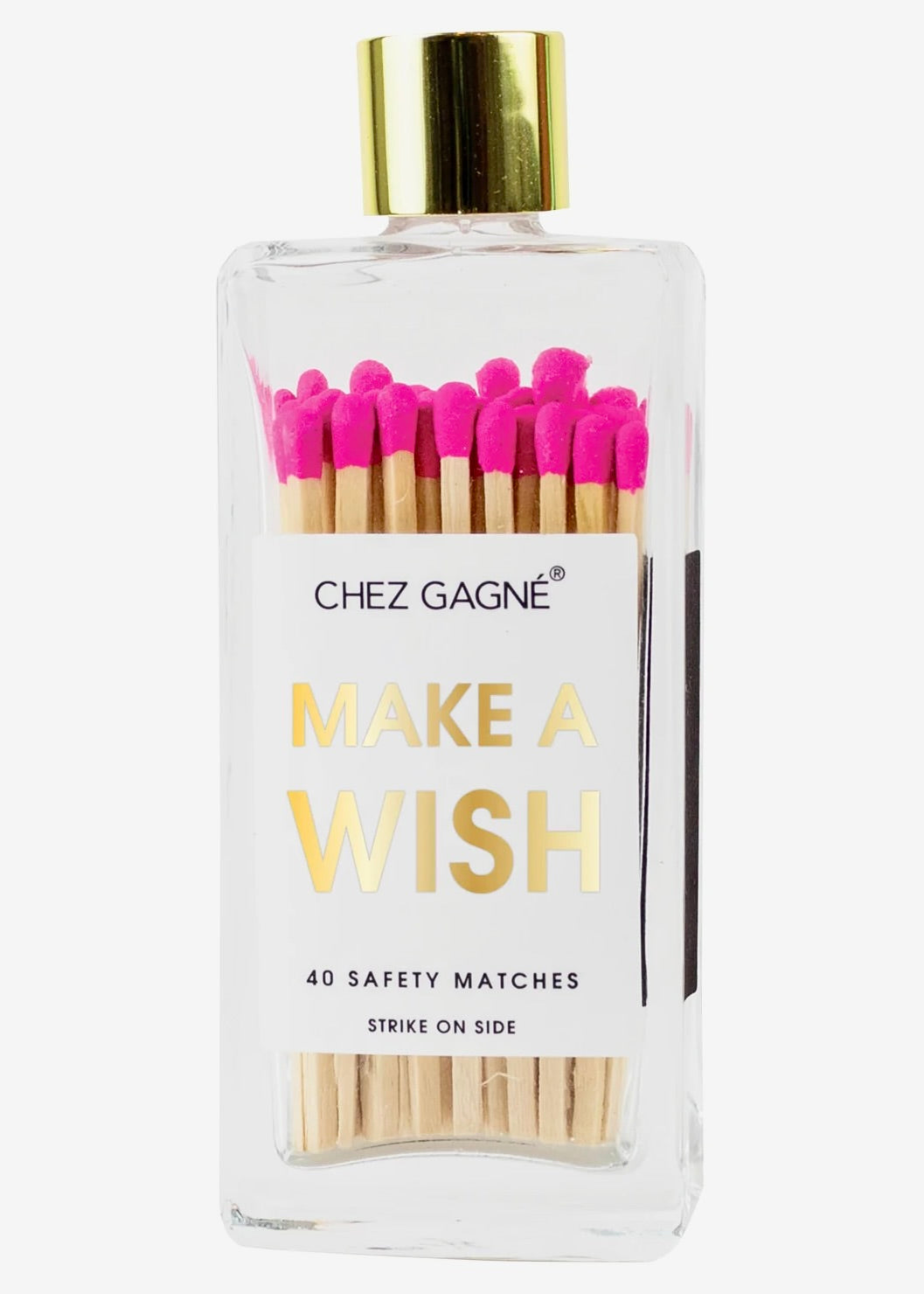 A clear glass bottle contains 40 colorful matches, each with a bright pink tip. The label displays "Chez Gagné" and "Make a Wish," along with the note "Strike on Side.