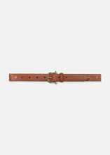Load image into Gallery viewer, A brown, pebbled leather belt with small evenly distributed perforations throughout its length. The Frame Belt by Frame features a rectangular, gold-tone buckle and a single belt loop. Stud embellishments add a touch of flair to its simple and versatile design, making it suitable for various outfits.
