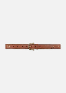 A brown, pebbled leather belt with small evenly distributed perforations throughout its length. The Frame Belt by Frame features a rectangular, gold-tone buckle and a single belt loop. Stud embellishments add a touch of flair to its simple and versatile design, making it suitable for various outfits.