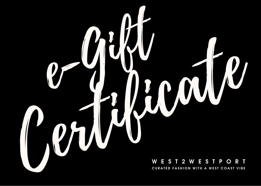 A black background with white handwritten-style text that reads "Gift Card." Below, in smaller text, is "West X West Curated Fashion with a West Coast Vibe." Support local business and enjoy no processing fees when you purchase your WestXWest.com gift card.