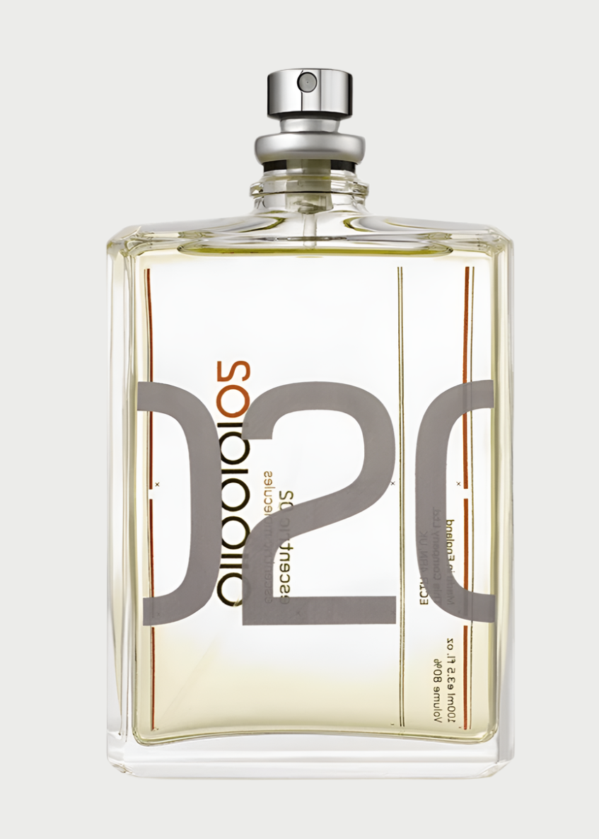 Photograph of a rectangular perfume bottle with a metallic spray nozzle on top. The bottle contains a light yellow liquid. The label features the text "Escentric 02" vertically in large grey and orange letters, showcasing the elegant design typical of portable fragrances like Escentric Molecules 02 Travel size by Escentric Molecules.