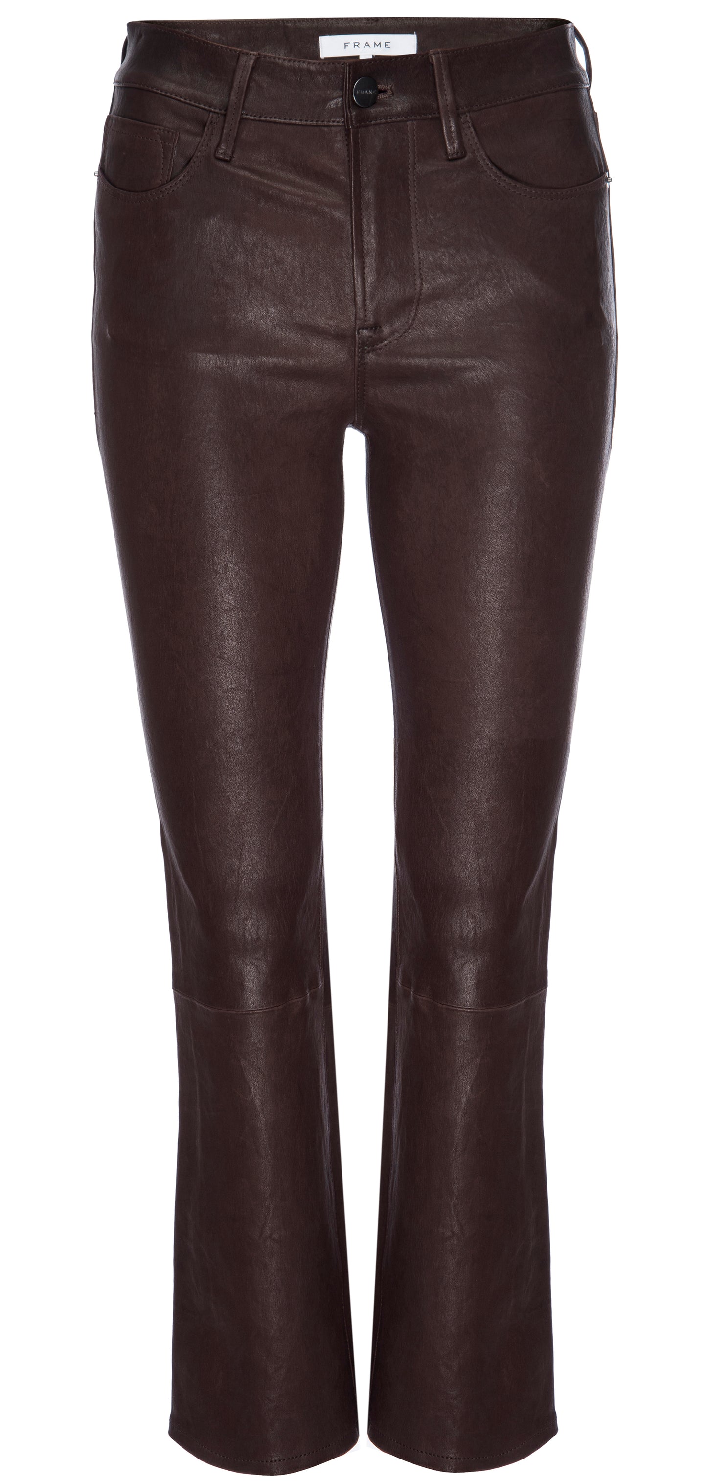 Frame's Le Crop Mini Boot Leather Pants, in dark brown leather, are a versatile fashion staple with a slight flare. They include front pockets, belt loops, and a button closure, all set against a white background.