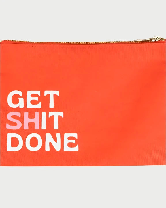 A sassy gift from Properly Improper, the Improper Pouches feature an orange design with bold white text that reads "GET SHIT DONE." Made from durable materials, it's ideal for anyone looking to stay organized with style.