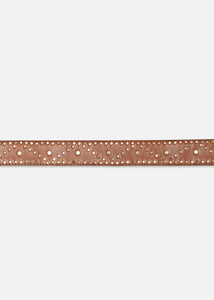 A Frame Frame Belt crafted from pebbled leather, featuring a pattern of small round metal studs arranged in various circular clusters along its length. The belt has a smooth finish and is bordered by tiny, evenly spaced stud embellishments.