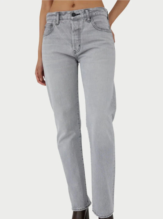 The image showcases an individual wearing the Panaca Straight Fit Jeans by Moussy, known for their light gray hue and high-waisted, straight-leg design that exudes chicness. Complemented by black open-toe heels, this outfit truly stands out against the plain white backdrop, accentuating the timeless elegance of these made-in-Japan jeans.