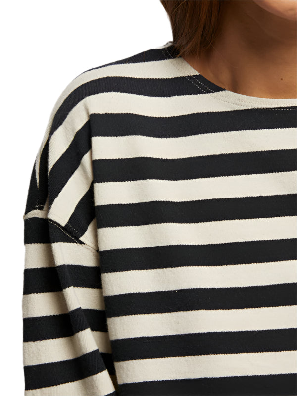 Close-up of someone wearing the Taylor Striped Cotton Tee by perfectwhitetee, featuring black and white horizontal stripes. Only the shirt's top portion and part of the neck are visible against a plain white background.