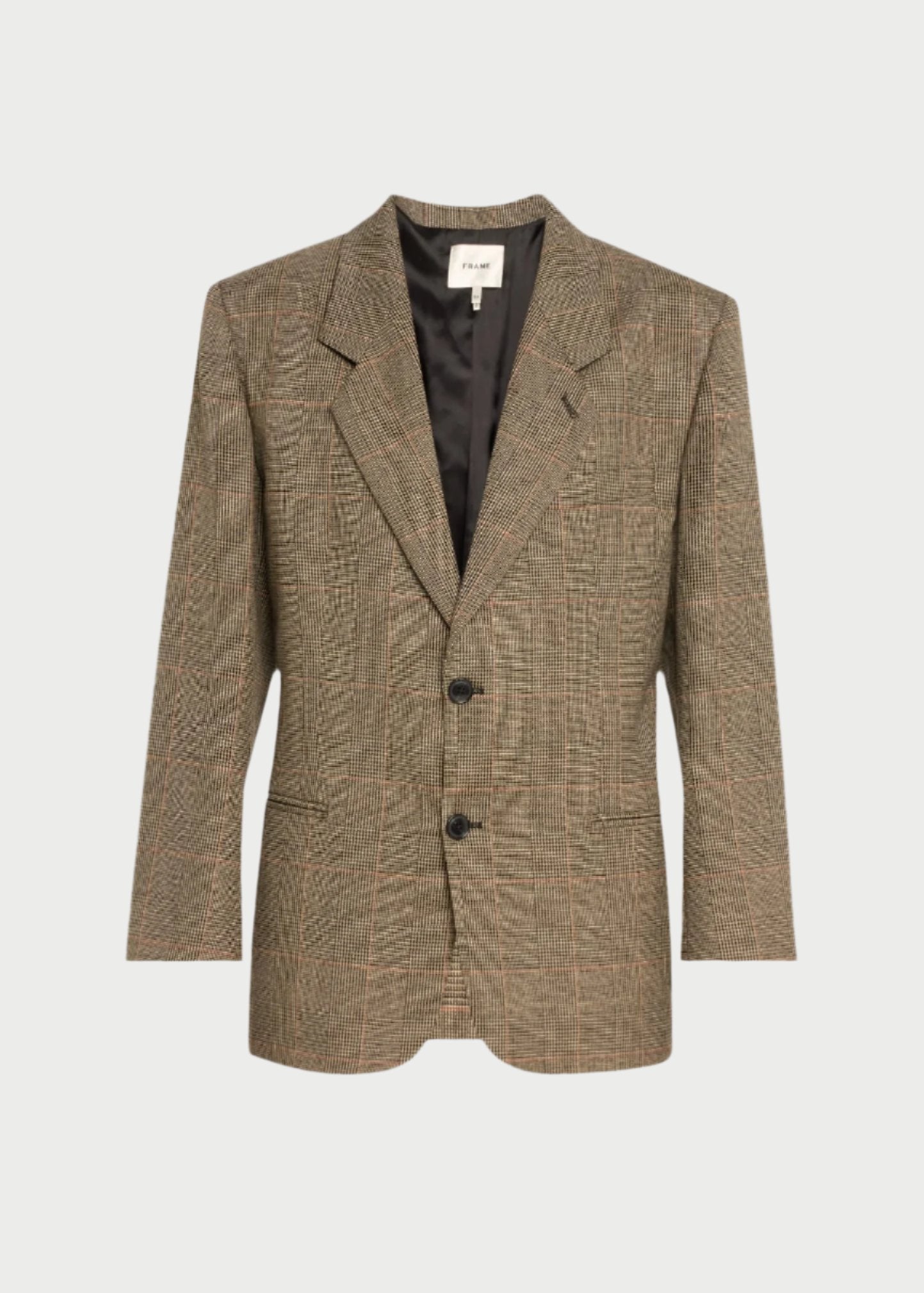 Set against a light background, the Frame Grandfather Blazer showcases a brown plaid design with a notched lapel and two black buttons. This blazer includes two front pockets and offers a tailored fit, ideal for enhancing any men's outfit.