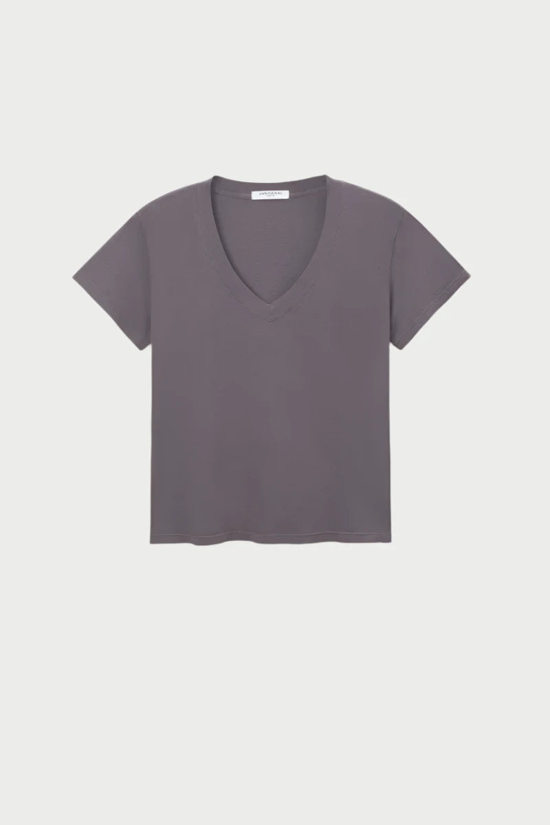 A simple, short-sleeved, oversized V-neck tee named Hendrix Tee Black Cherry by perfectwhitetee is displayed against a white background. The shirt has a casual design with everyday comfort and a relaxed fit, featuring a solid dark gray color.