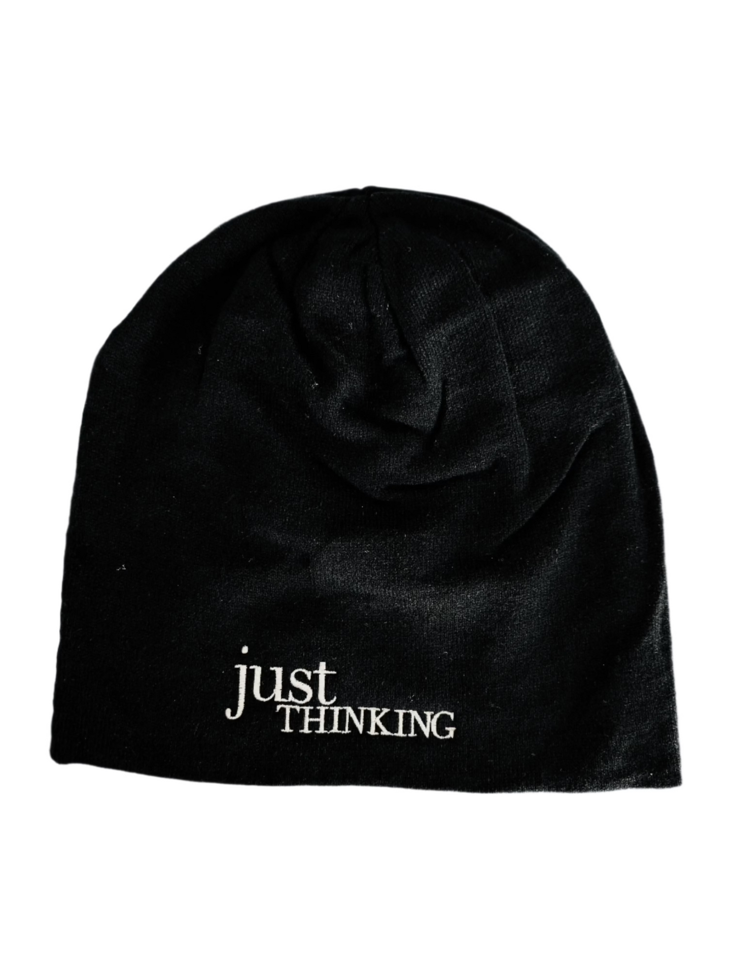 The Slouchy "Just Thinking" Beanie by Simply Eartha is a cozy black winter hat with "just THINKING" embroidered in white on the front, ideal for a thoughtful cap.