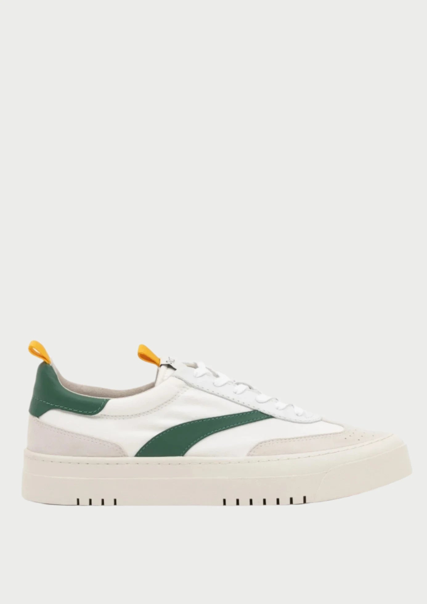 The Oncept Lagos Shoe boasts a contemporary style with vibrant green accents and a thick white sole. This shoe features yellow pull tabs at the heel, slightly perforated detailing near the toe, white laces, and a curved green stripe on the side.