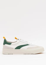 Load image into Gallery viewer, The Oncept Lagos Shoe boasts a contemporary style with vibrant green accents and a thick white sole. This shoe features yellow pull tabs at the heel, slightly perforated detailing near the toe, white laces, and a curved green stripe on the side.