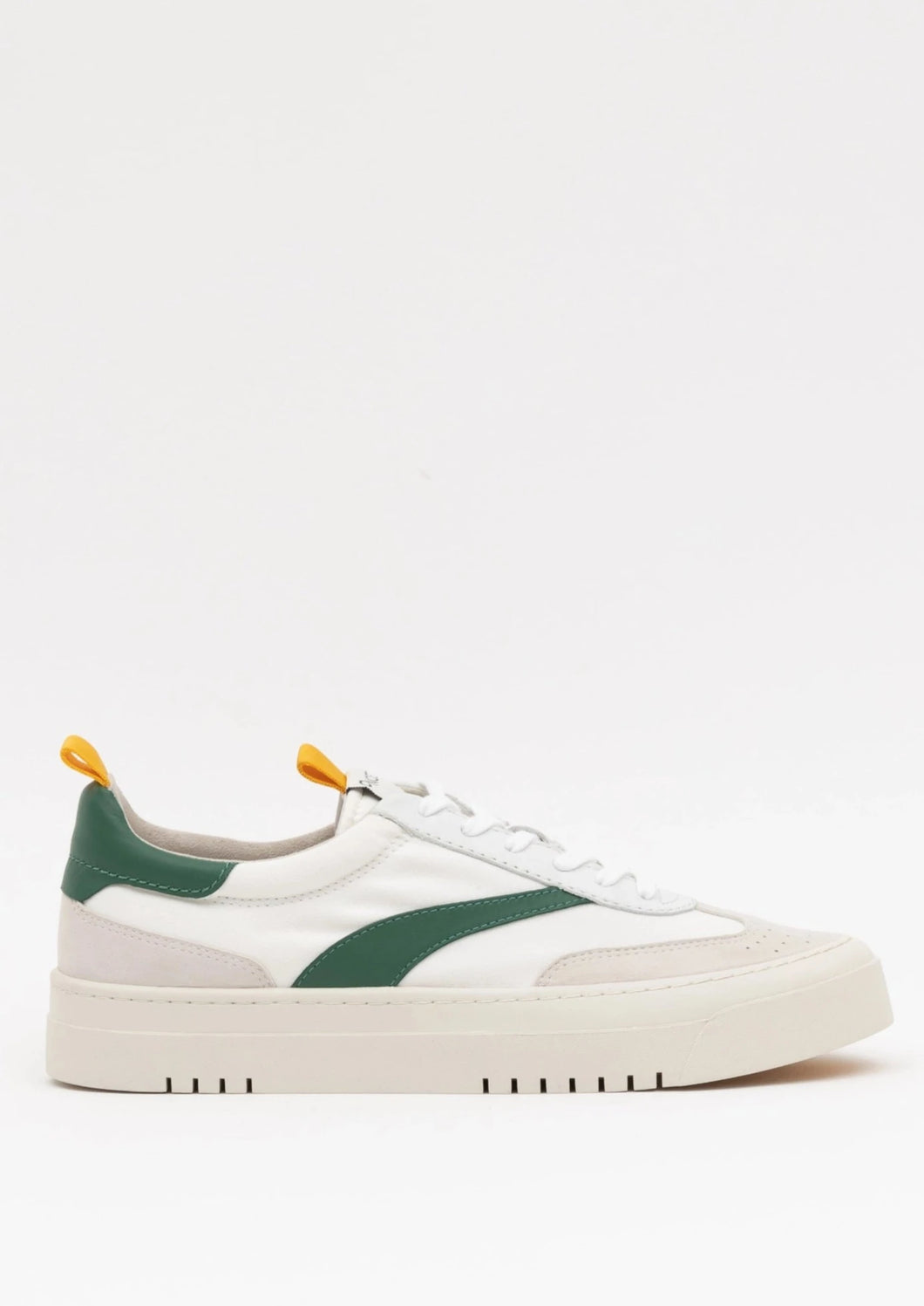 The Oncept Lagos Shoe boasts a contemporary style with vibrant green accents and a thick white sole. This shoe features yellow pull tabs at the heel, slightly perforated detailing near the toe, white laces, and a curved green stripe on the side.