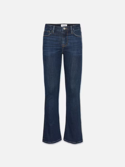 The Le Crop Mini Boot Jeans by Frame, designed in dark blue and set against a plain white background, are crafted from a sustainable stretch cotton blend that guarantees both comfort and durability. These jeans feature a contour mid-rise waist with classic stitching and offer a slight flare at the hem. They also include standard pockets and belt loops.