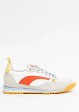 Load image into Gallery viewer, The Oncept Montreal Shoe showcases effortless style with a white and gray base, featuring an orange stripe on the side. It has a yellow accent on the heel and toe, a blue sole, and gray laces. This sleek design is modern and sporty, perfect for casual wear.