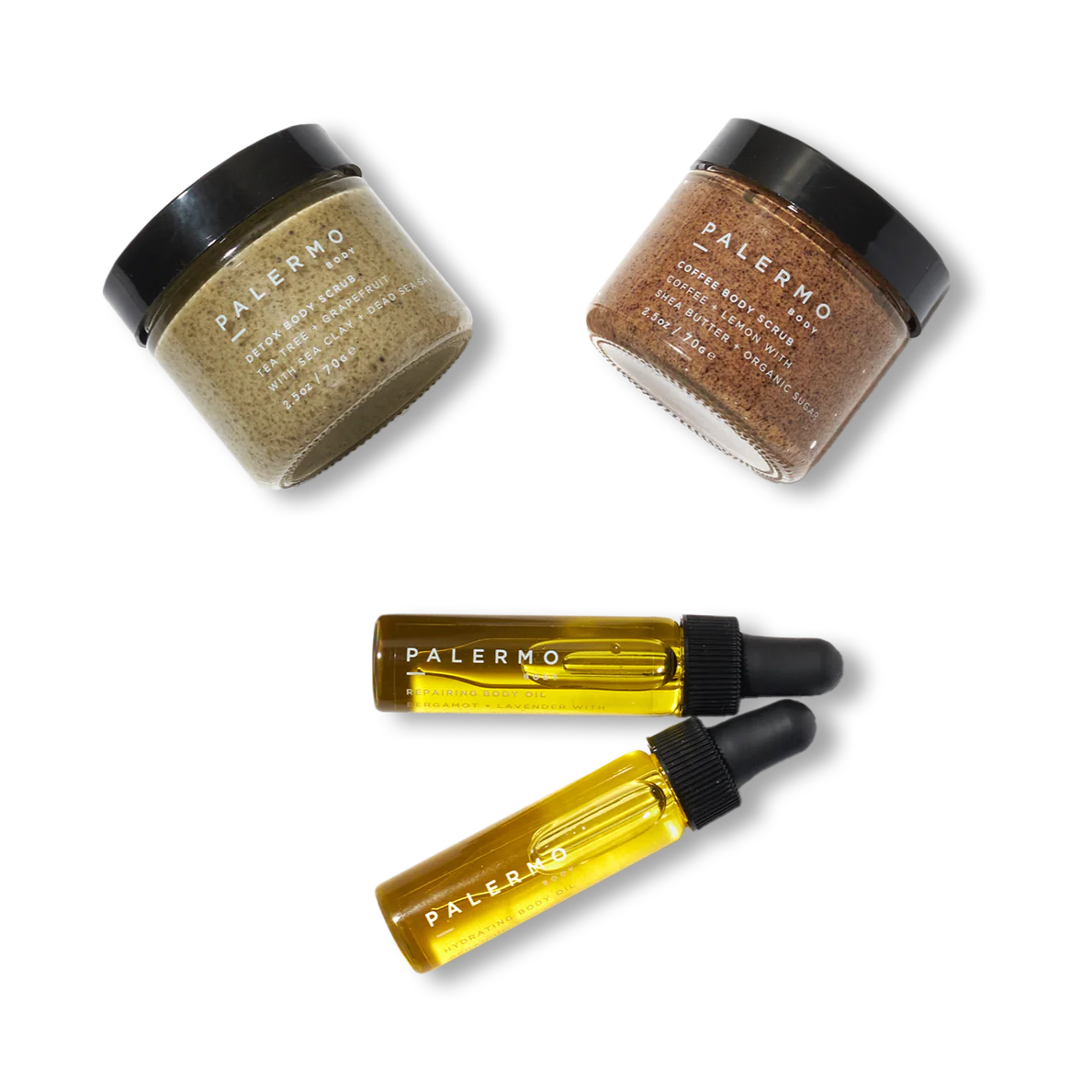 The Body Discovery Kit by Palermo Body includes two glass jars with textured contents and two dropper bottles of yellow liquid, all elegantly placed against a plain black background, ideal for a natural routine.