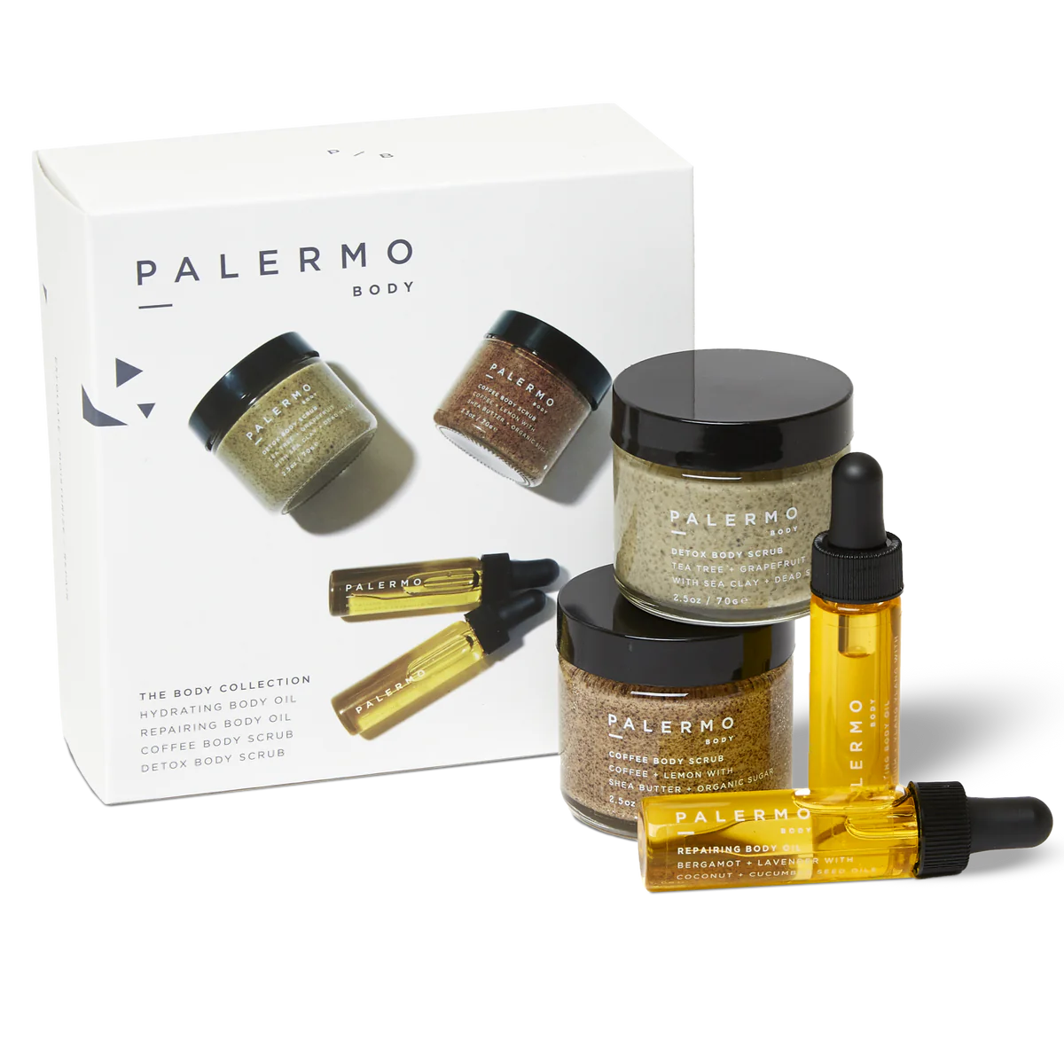 The image features the Palermo Body Discovery Kit, containing jars of coffee and detox body scrubs, two bottles of hydrating body oil, and a branded packaging box—an ideal addition to your natural routine.