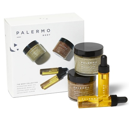 The image features the Palermo Body Discovery Kit, containing jars of coffee and detox body scrubs, two bottles of hydrating body oil, and a branded packaging box—an ideal addition to your natural routine.