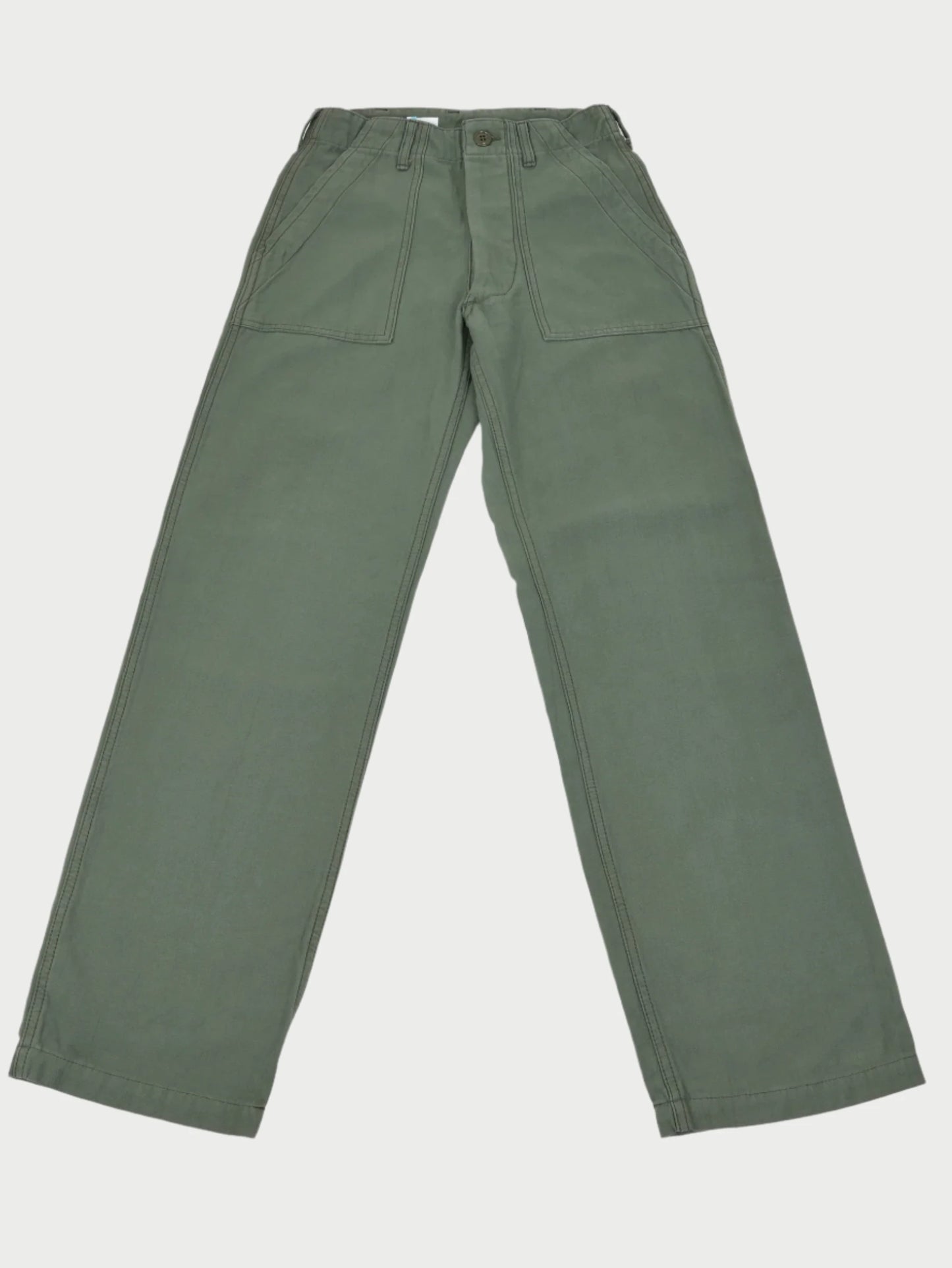 Introducing the SUPER READY Military Pants: olive green cargo pants with a unisex fit, crafted from military-grade cotton. These pants feature front pockets, belt loops, and wide legs, boasting a vintage washed look. Photographed laid flat on a light background.