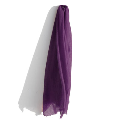 The Whisperweight Cashmere Scarf by Meg Cohen, a luxurious accessory in purple, hangs vertically on a white wall. Sunlight casts a soft shadow to the left, accentuating its lightweight and semi-transparent texture. The scarf's bottom edge appears slightly frayed, revealing its delicate natural fibers.