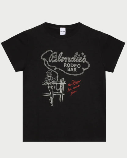 Introducing the Blondie Classic Tee by RE/DONE—a versatile black t-shirt adorned with a vintage-style graphic. The front showcases the phrase "Blondie's Rodeo Bar" next to a cowgirl wielding a lasso, accompanied by bold red lettering proclaiming it as "the place for more fun.