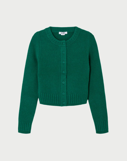 The Baby Crew Cardigan by RE/DONE is a green knitted piece designed for cozy comfort, featuring a round neckline and button-down front. This cashmere cardigan includes ribbed cuffs and hem along with long sleeves, providing a snug fit.