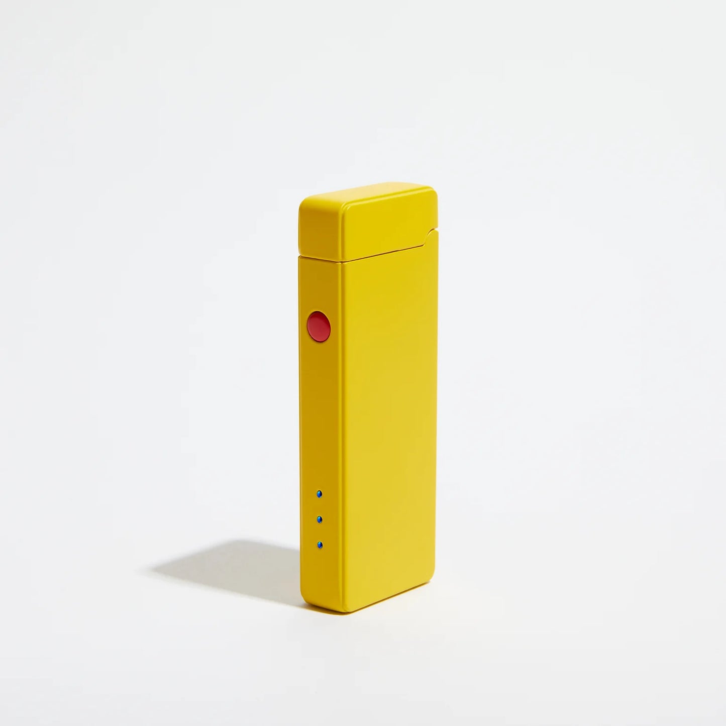 Featuring a vibrant yellow, rectangular power bank equipped with a red button and four small blue indicator lights, the product is complemented by the sleek, windproof Pocket USB Lighter from USB Lighter Co, all showcased against a simple white backdrop.