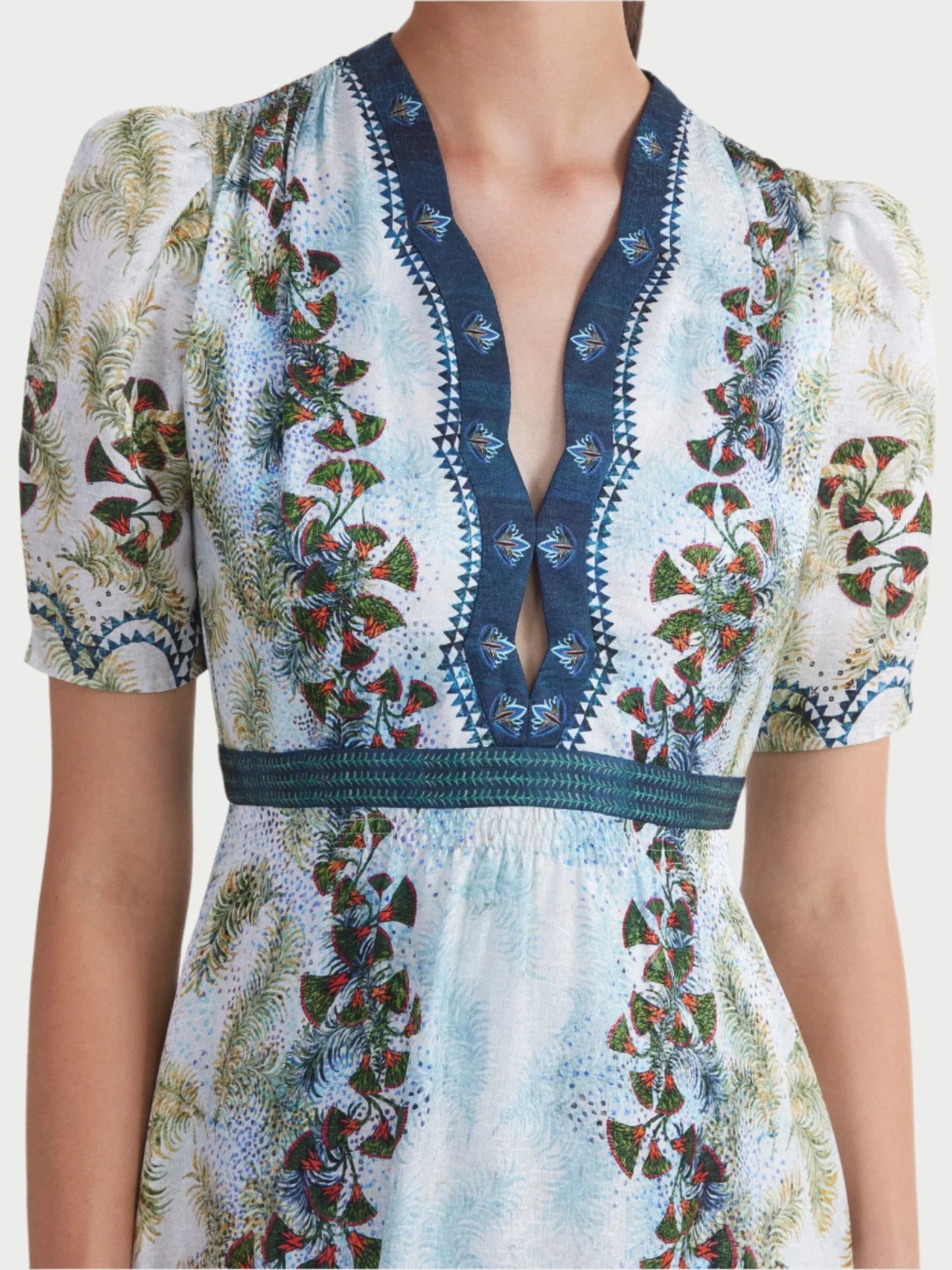 A person wearing the Tabitha Midi Dress from Saloni, a white midi dress adorned with colorful floral patterns and intricate blue embroidery. The dress features a V-neckline with blue trim and short puff sleeves, capturing the perfect spring/summer look. The person's face is not visible in the image.