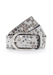 A stylish B.Belt Studded Hammered Belt with circular metallic studs and a matching silver buckle, coiled in a compact form. The belt features a modern design with round, reflective studs covering its entire length, giving it an edgy look and superior quality.