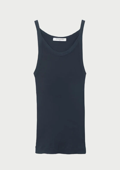 A plain, black, sleeveless Annie Tank from perfectwhitetee made from recycled cotton with a round neckline is displayed on a white background. The fabric appears smooth and form fitting, with no visible patterns or logos.