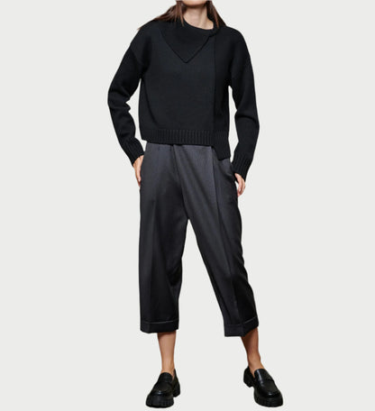 A person is confidently wearing the WE-AR4 Asymmetrical Turtleneck, paired with dark pleated pants and black loafers, standing against a plain background. This ensemble perfectly captures the essence of fall fashion.