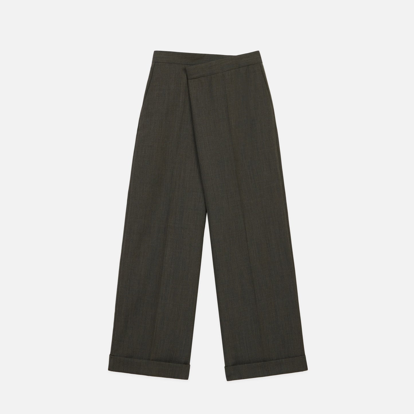 The Lounge Trouser by WE-AR4 is a pair of dark green wide-leg trousers featuring a tailored fit, high waist, and folded cuffs. These pants are crafted from textured upcycled materials and offer a sleek, formal design. Displayed on a plain white background, they seamlessly combine sustainability with style.