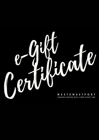 A black background featuring the white, handwritten-style text "Gift Card" in the center. At the bottom right corner, it reads "West X West" followed by "Curated fashion with a West Coast vibe. No processing fees." in smaller print.