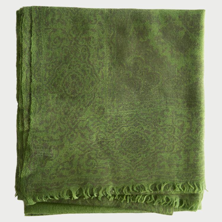 Displayed against a plain white background is a neatly folded Whisperweight Paisley Scarf by Meg Cohen, in vibrant green with subtle, intricate patterns and fringed edges.