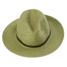 Load image into Gallery viewer, A green Summer Hat with a wide brim and a brown band encircling the base of the crown. This textured Summer Hat from Travaux en Cours has a classic, slightly creased crown shape and a textured surface typical of woven straw material.