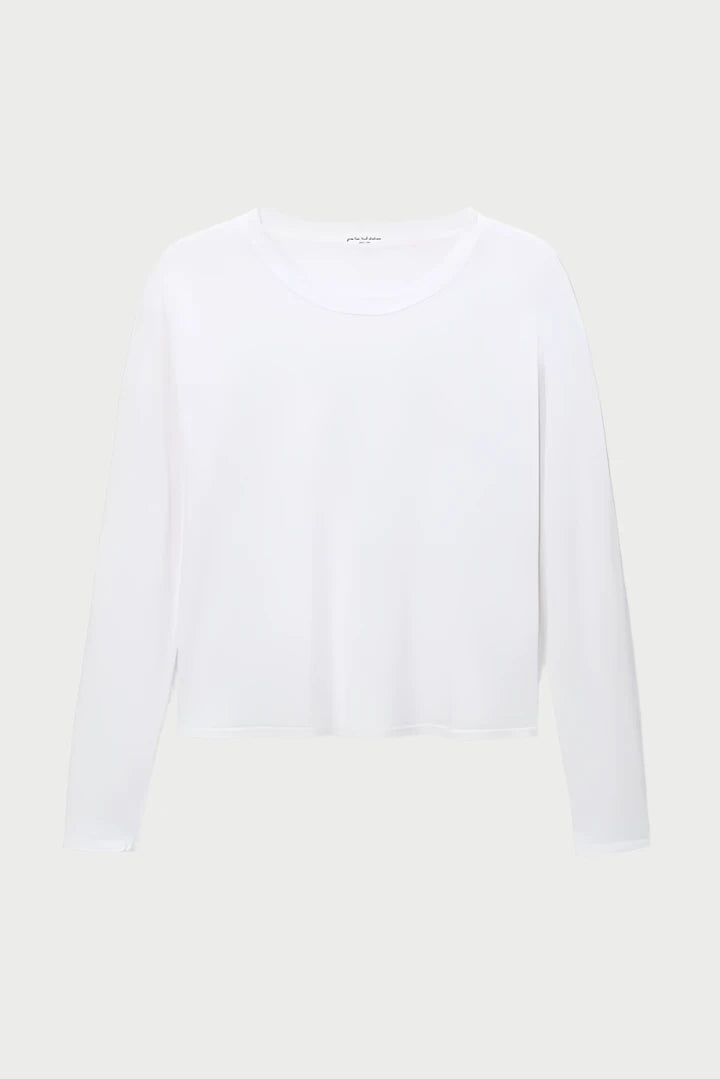 A perfectwhitetee Long Sleeve Tee is displayed against a white background, showcasing its simple elegance. The 100% cotton long-sleeve shirt features a crew neck and offers a loose, relaxed fit with no visible patterns, logos, or other designs.