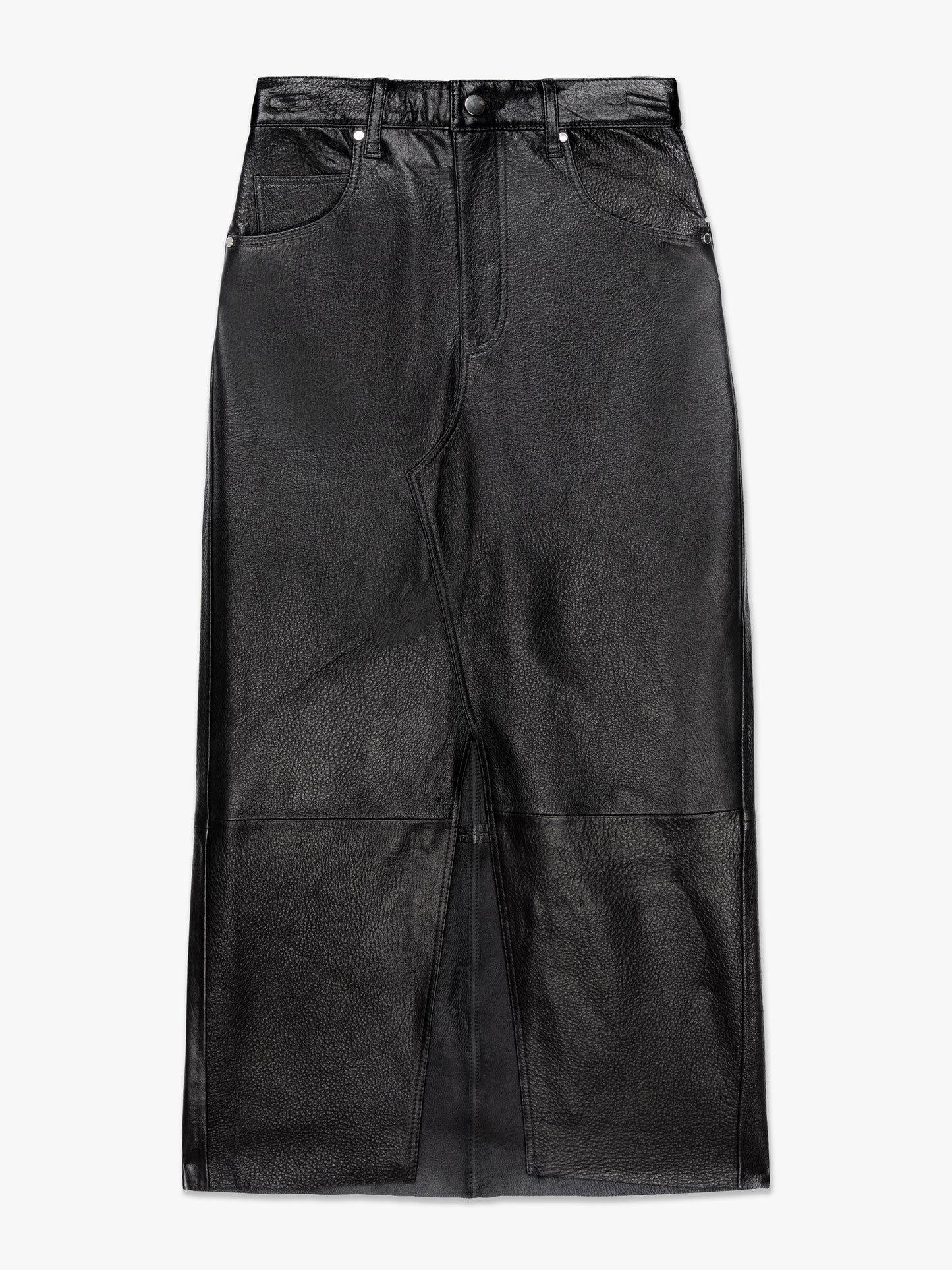 A black lamb leather midi skirt with a high-waisted design. It features belt loops, a front button and zip closure, front and back pockets, and an inverted V-shaped slit at the front hem. This Frame Long Leather Skirt boasts an A-line silhouette, with the leather having a slightly textured, glossy finish.