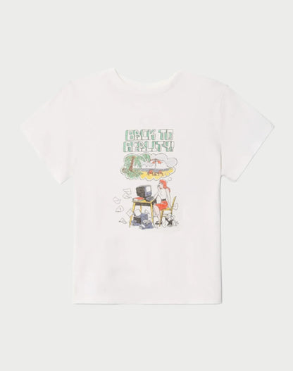 The RE/DONE Back To Reality Tee showcases a vibrant illustration of a person working at a desk with a computer. The phrase "Back to Reality" is whimsically inscribed among clouds, complemented by details such as scattered papers and a coffee mug. This versatile t-shirt is ideal for adding casual flair to your wardrobe.