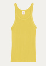 Load image into Gallery viewer, A sleeveless, ribbed yellow Pear Ribbed Tank from RE/DONE is shown against a plain white background. The basic tank has a round neckline and a label on the inner back collar area. Perfect as a summer color staple.
