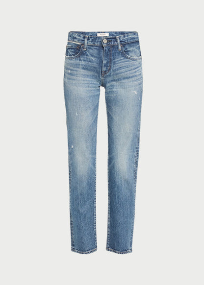 The Mallard Straight Jeans by Moussy are medium-wash denim with a straight-leg fit, featuring a classic five-pocket design and subtle fading on the thighs. They are showcased against a plain white background.