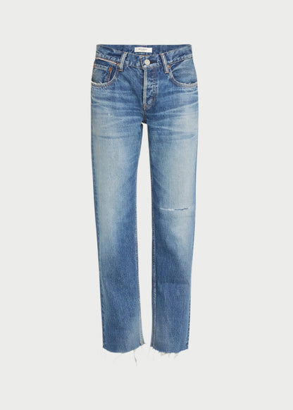 A pair of WHITMAR STRAIGHT-LOW by Moussy in medium-wash denim with a faded look and a rip near the right knee. The jeans feature a raw hem, five-pocket styling, and button-zipper closure.