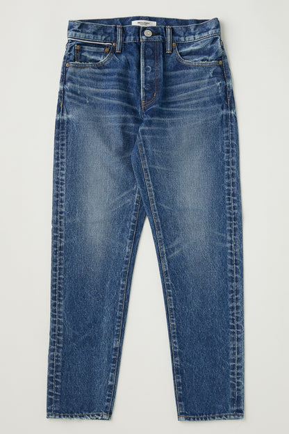 Moussy Forestville Tapered Jeans in blue denim feature button and zipper closure, front pockets, subtle thigh fading, a straight leg cut, and slight distressing against a plain background.