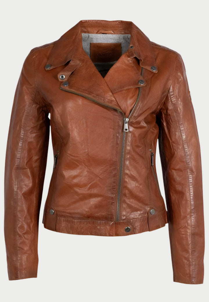 The cognac-colored Fayola Jacket by Mauritius features an asymmetrical front zipper, metal snap details, a classic moto style with a flared collar, and two side pockets, ideal for bringing rugged charm to your spring wardrobe.