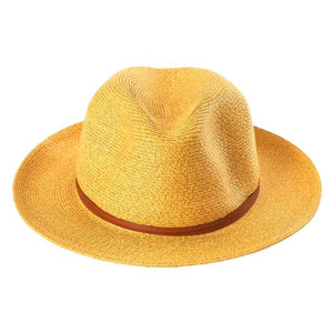 A wide-brimmed, light brown **Summer Hat** from the **Travaux en Cours** collection, featuring a subtle crease along the crown and a darker brown band encircling its base. This textured summer hat exudes a summery and casual style, perfect for sun protection.