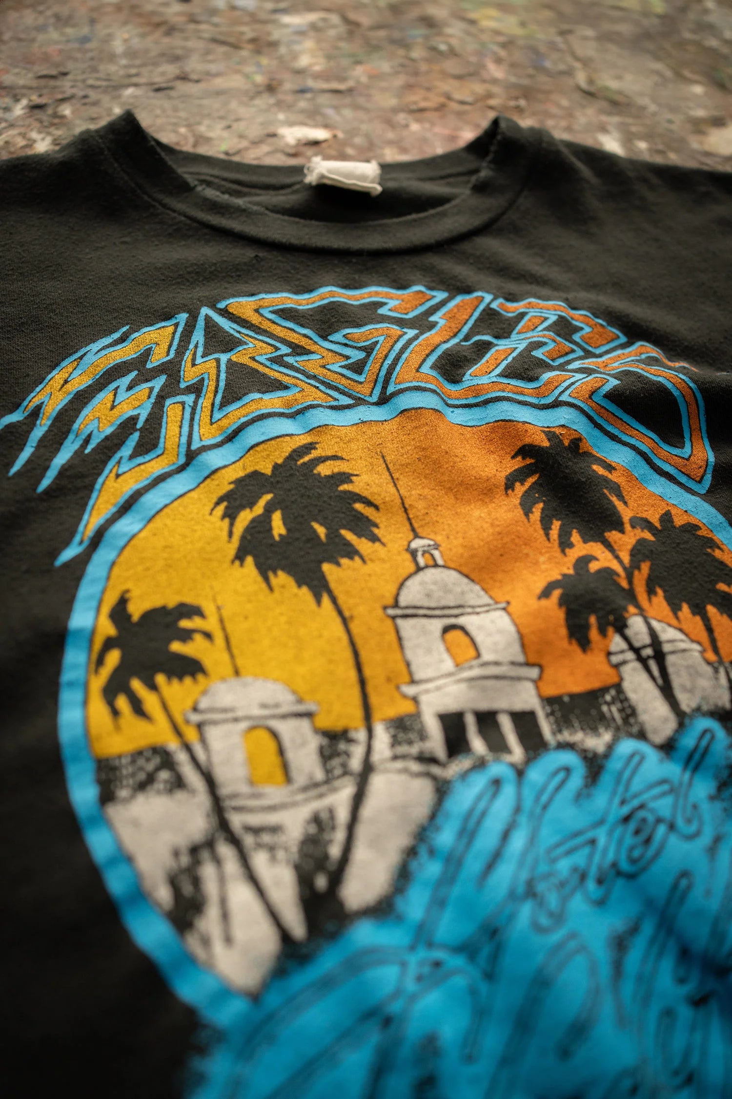 The Eagles Crop Tee by Madeworn is a black T-shirt featuring a vintage fit with a vibrant graphic of palm trees and domed buildings against an orange/blue sunset, and the word "Eagles" creatively printed above.