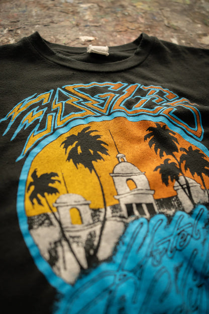 The Eagles Crop Tee by Madeworn is a black T-shirt featuring a vintage fit with a vibrant graphic of palm trees and domed buildings against an orange/blue sunset, and the word "Eagles" creatively printed above.